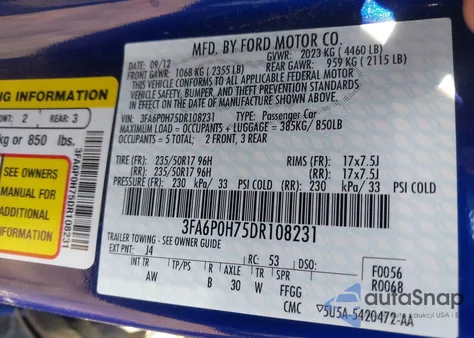 2013 Ford Fusion Se из США, поврежденный, VIN 3FA6P0H75DR108231